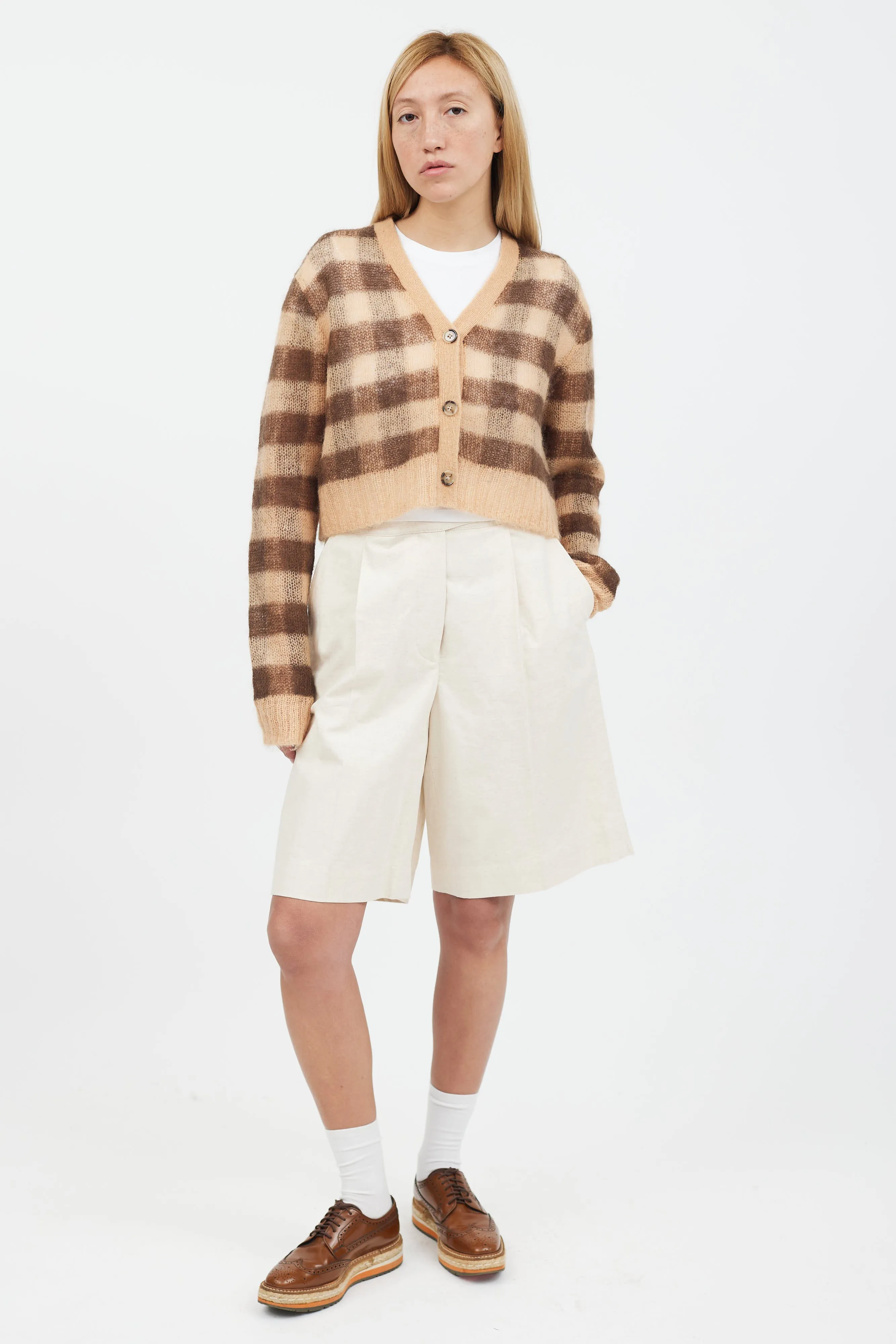 Beige & Brown Mohair Cropped Cardigan