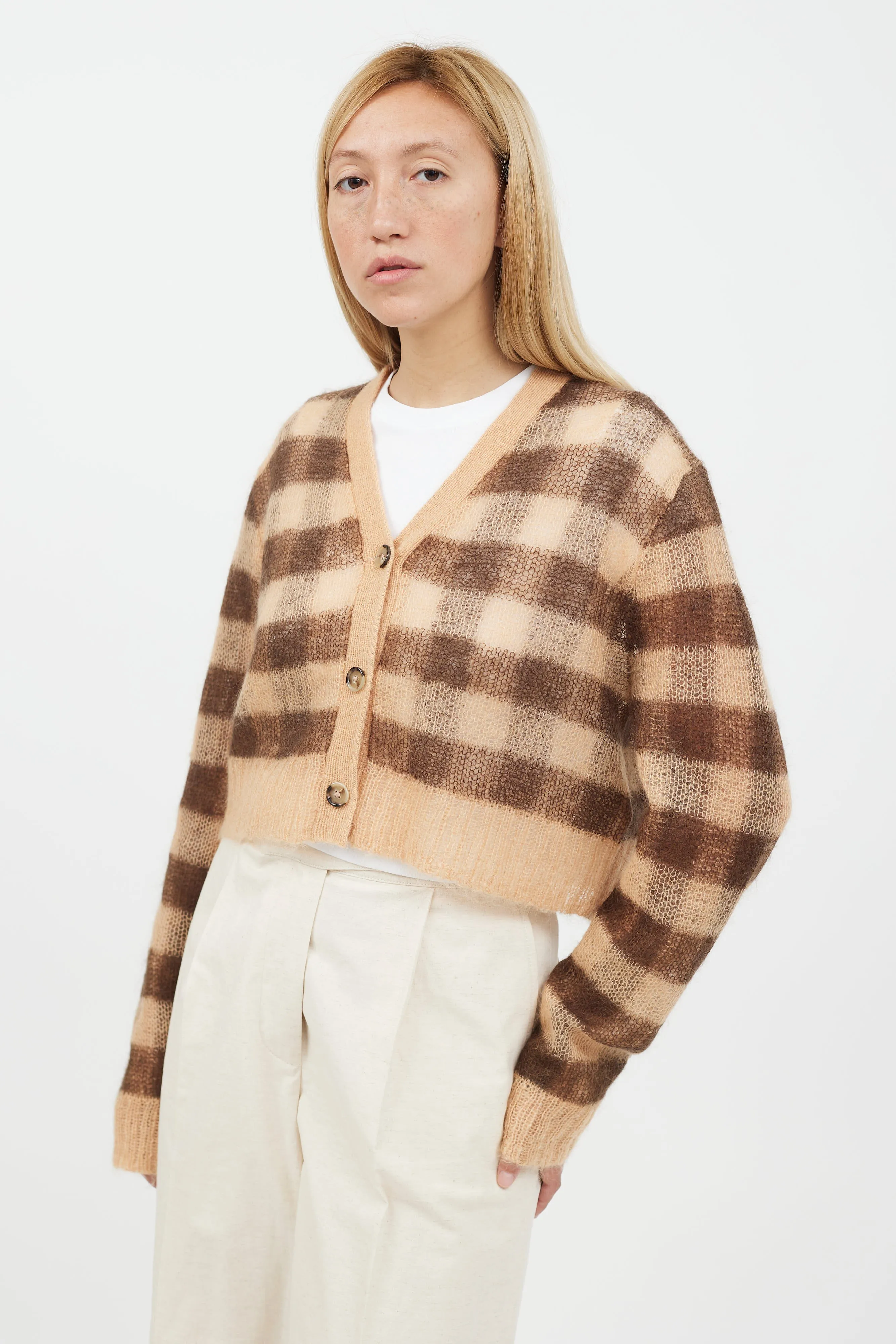 Beige & Brown Mohair Cropped Cardigan