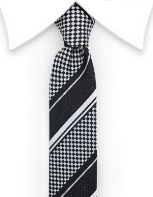 Black and Silver Stripes and Checks Skinny Tie