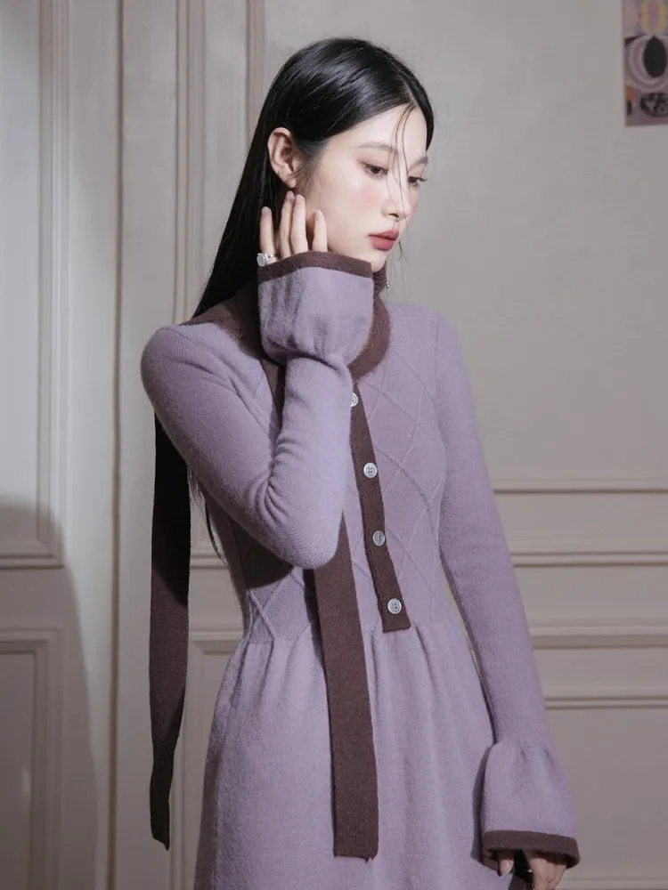 Brown U-Neck Diamond Wool Dress【s0000005812】