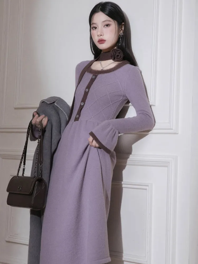 Brown U-Neck Diamond Wool Dress【s0000005812】