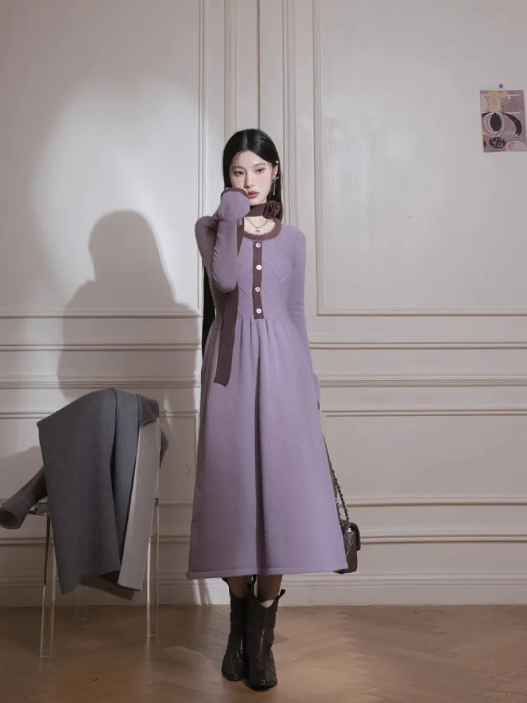 Brown U-Neck Diamond Wool Dress【s0000005812】