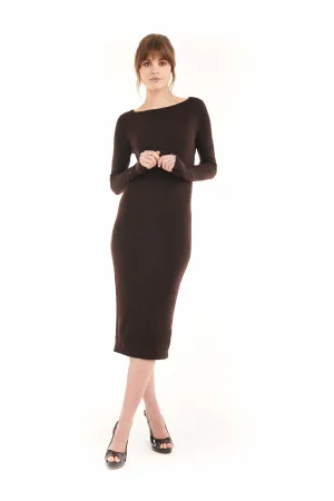 CASHMERE BOAT NECK DRESS DARK BROWN