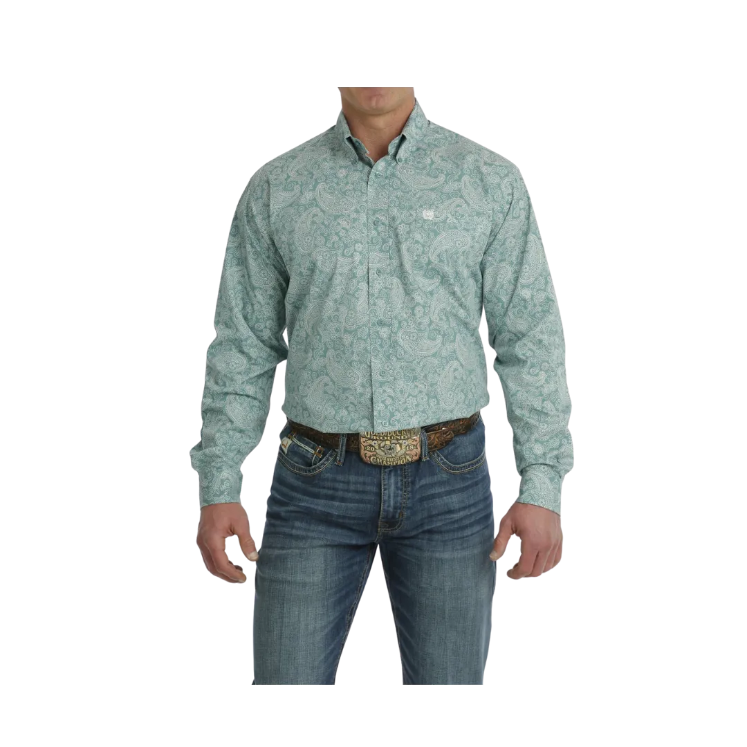 Cinch Men's Paisley Print Button Down Long Sleeve Western Turquoise White Shirt