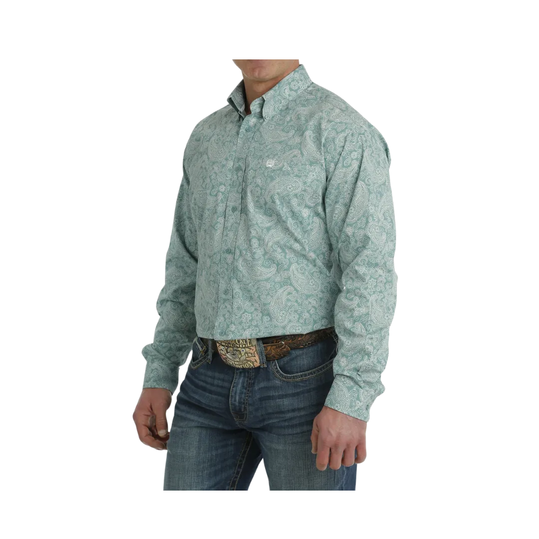 Cinch Men's Paisley Print Button Down Long Sleeve Western Turquoise White Shirt