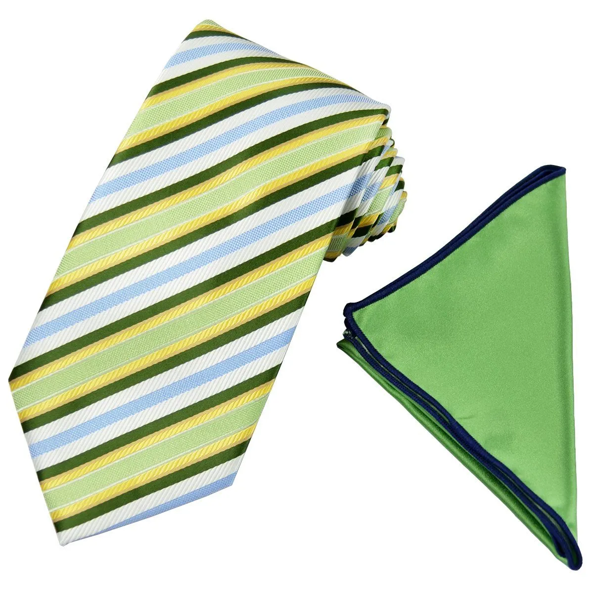 Green, Blue and Yellow Striped Men's Tie and Pocket Square