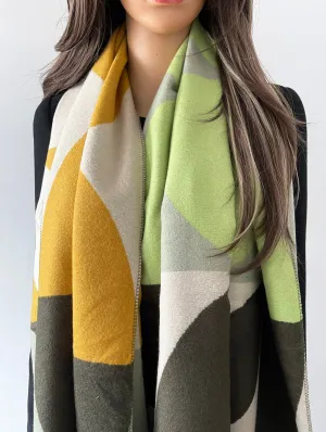 LARGE GREEN CASHMERE RETRO PRINT REVERSIBLE WINTER SHAWL BLANKET SCARF