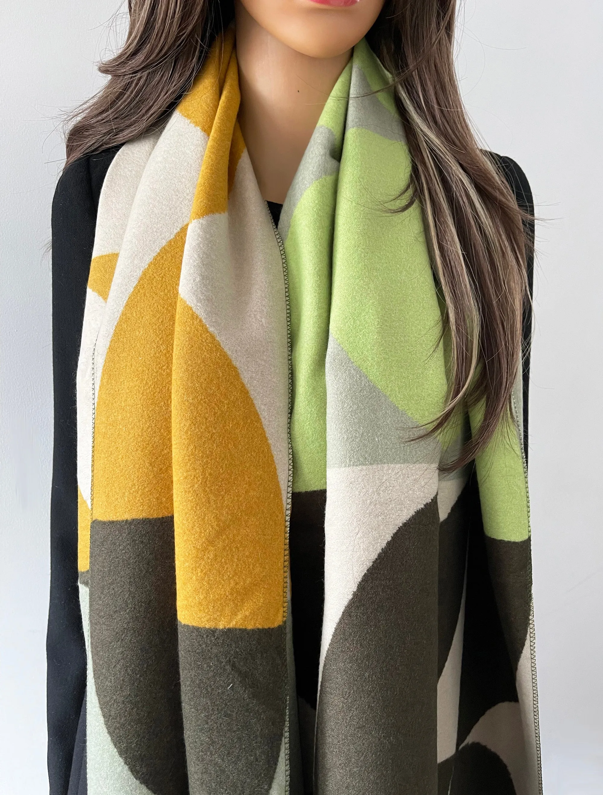 LARGE GREEN CASHMERE RETRO PRINT REVERSIBLE WINTER SHAWL BLANKET SCARF