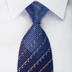 Louis Quatorze Rhinestone Silk Tie Sparkling Golden Striped On Blue Purple