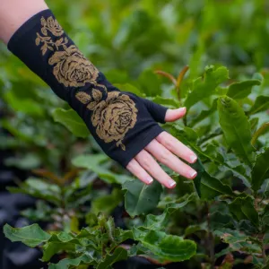 Merino Wool Gloves - Black and Gold Rose