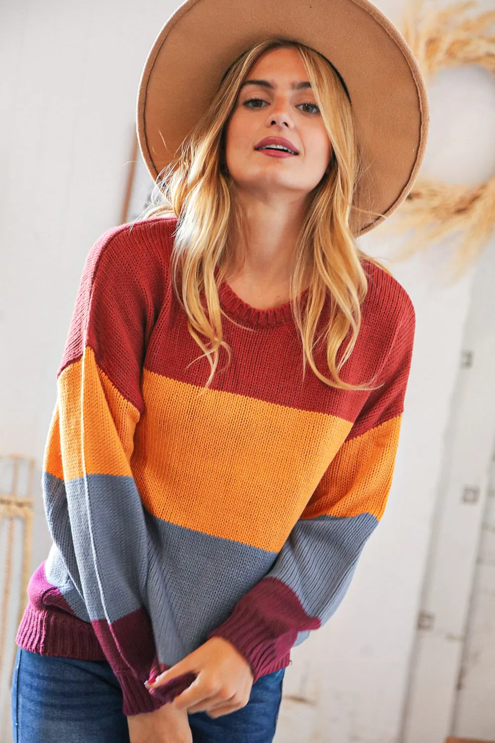 Multi Color Block Bubble Sleeve Oversize Sweater