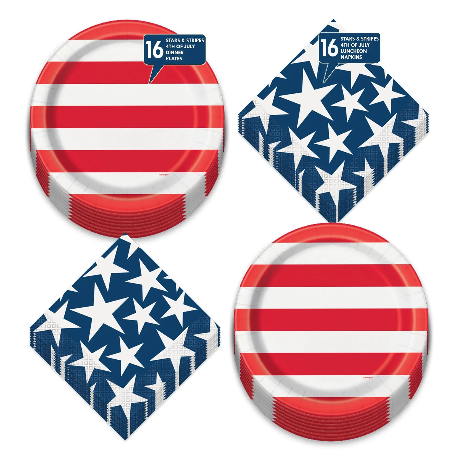 Patriotic Party American Stars & Stripes Paper Dinner Plates and Lunch Napkins (Serves 16)