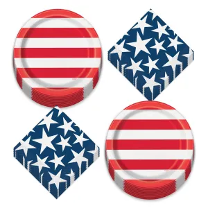 Patriotic Party American Stars & Stripes Paper Dinner Plates and Lunch Napkins (Serves 16)