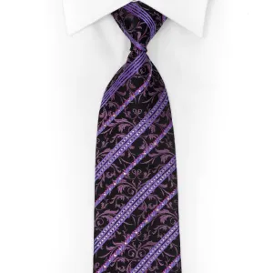 Purple Striped & Cartouche On Black Rhinestone Necktie With Sparkles