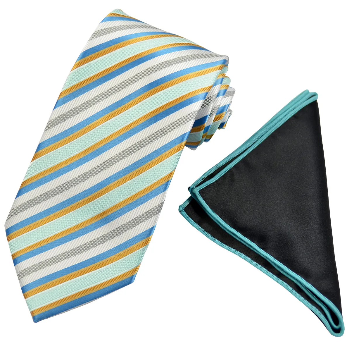 Teal and Brown Striped Men's Tie and Pocket Square