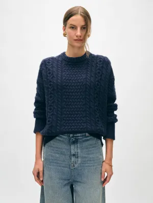 White   Warren - Merino Cashmere Cable Crewneck in Navy