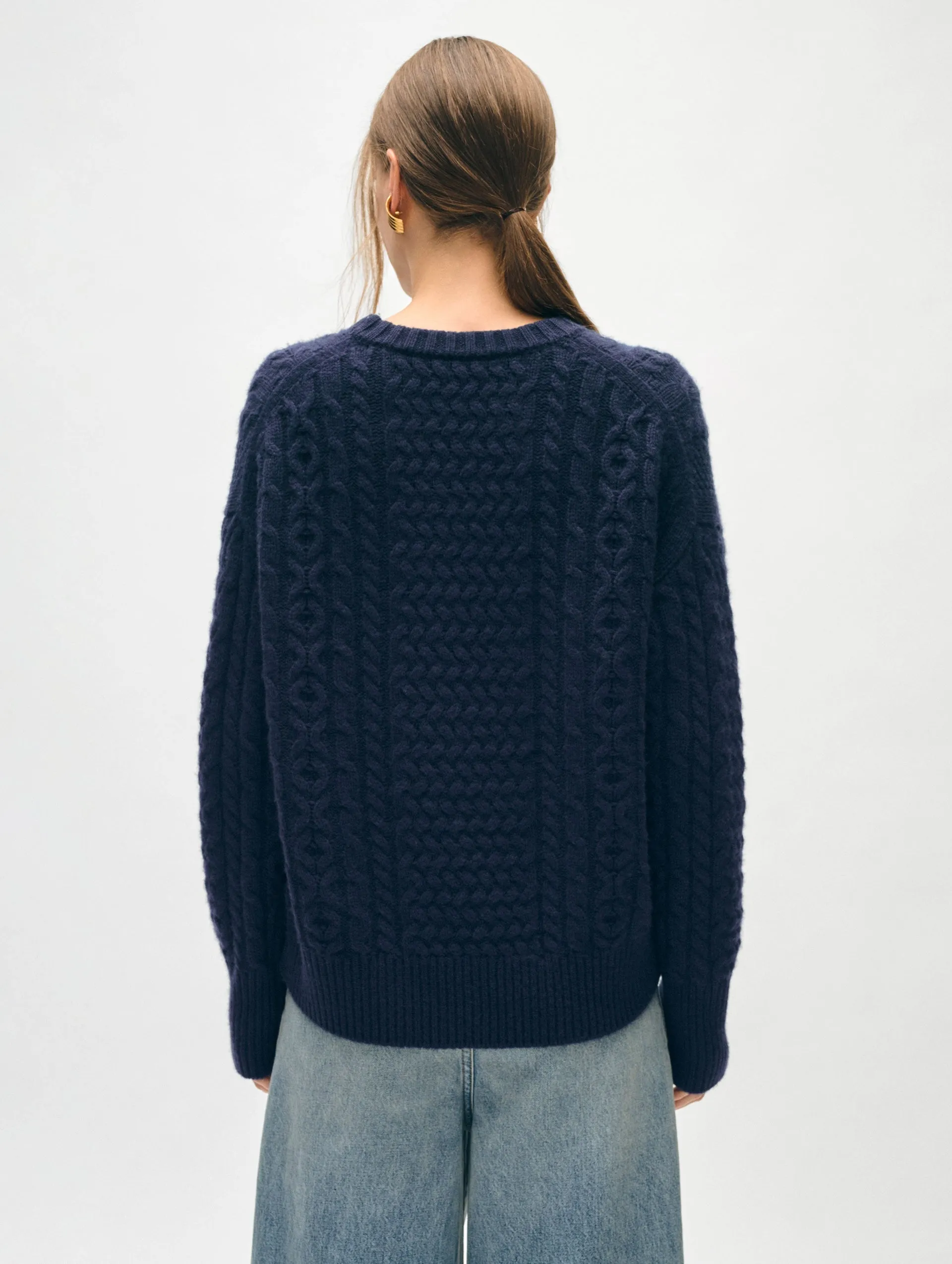 White   Warren - Merino Cashmere Cable Crewneck in Navy