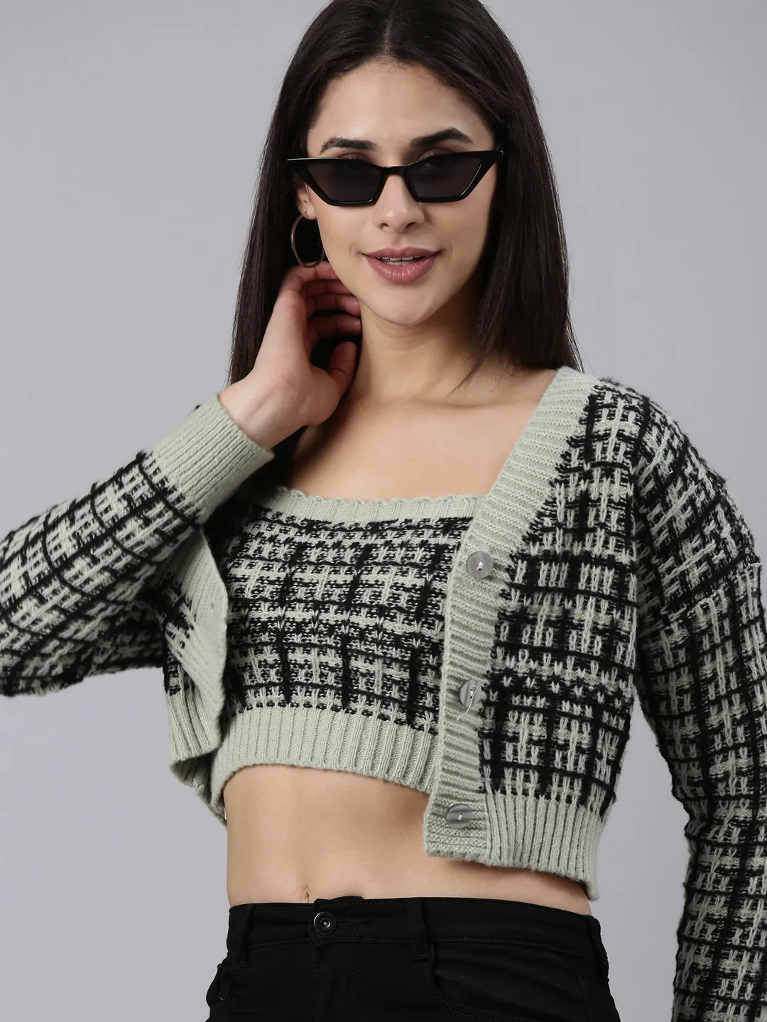 Women Sea Green Checked Front-Open Crop Sweater