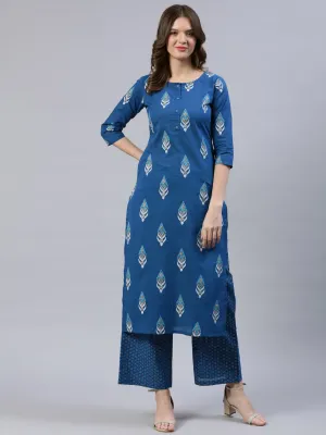 Women Teal Blue Printed Straight Kurta With Palazo