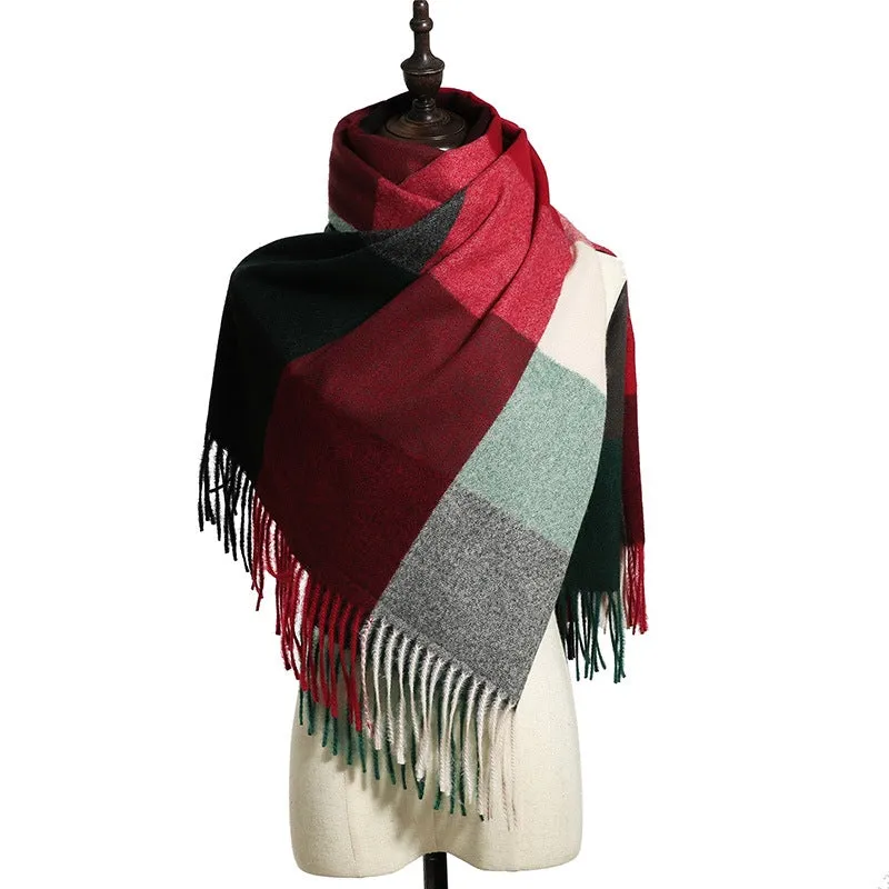 Women's Fall Winter Scarf Classic Tassel Plaid Scarf