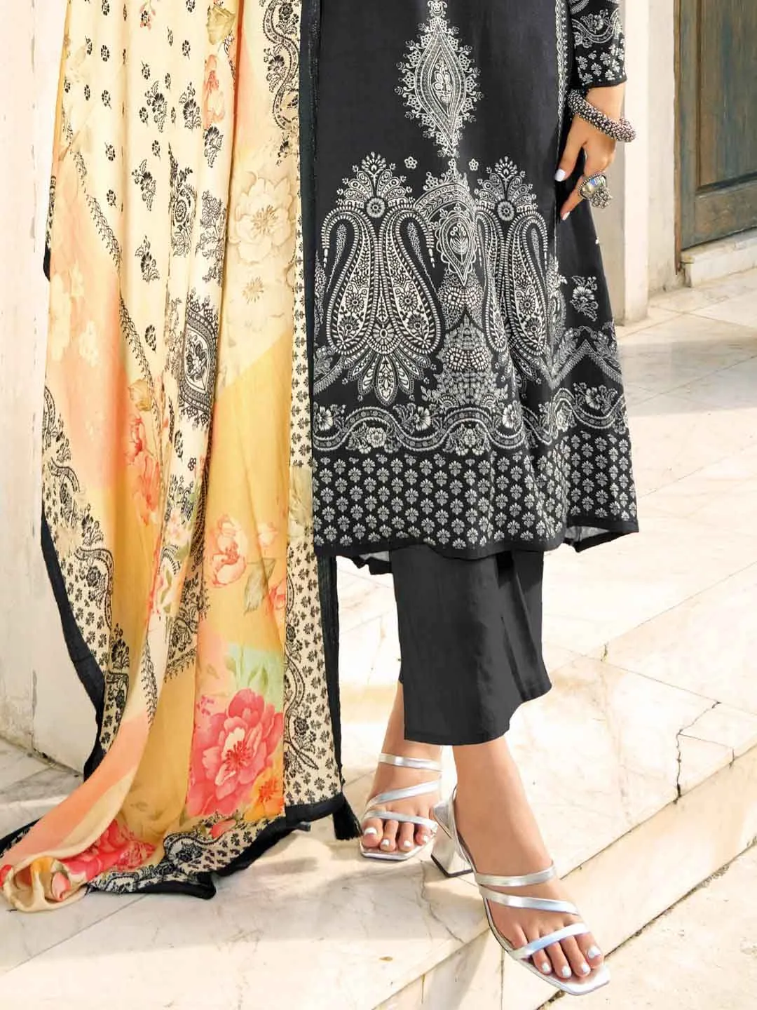 Woolen Unstitched Black Winter Suit Dress Materials with Zari Work