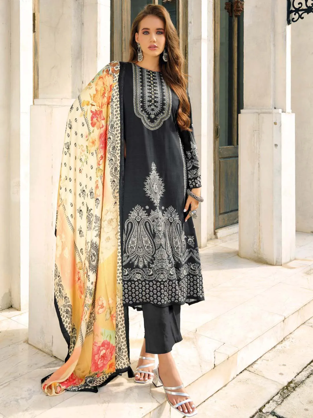 Woolen Unstitched Black Winter Suit Dress Materials with Zari Work